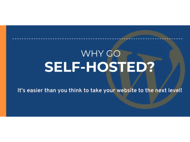 Banner with blue backgound and Wordpress icon text asking why go self-hosted?